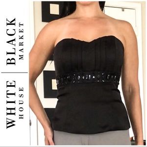 WHBM Jeweled Black Satin Corset Peplum Top